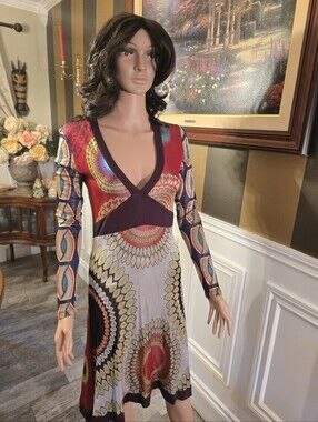 Desigual Red Multicolor V-Neck Long Sleeve Dress
